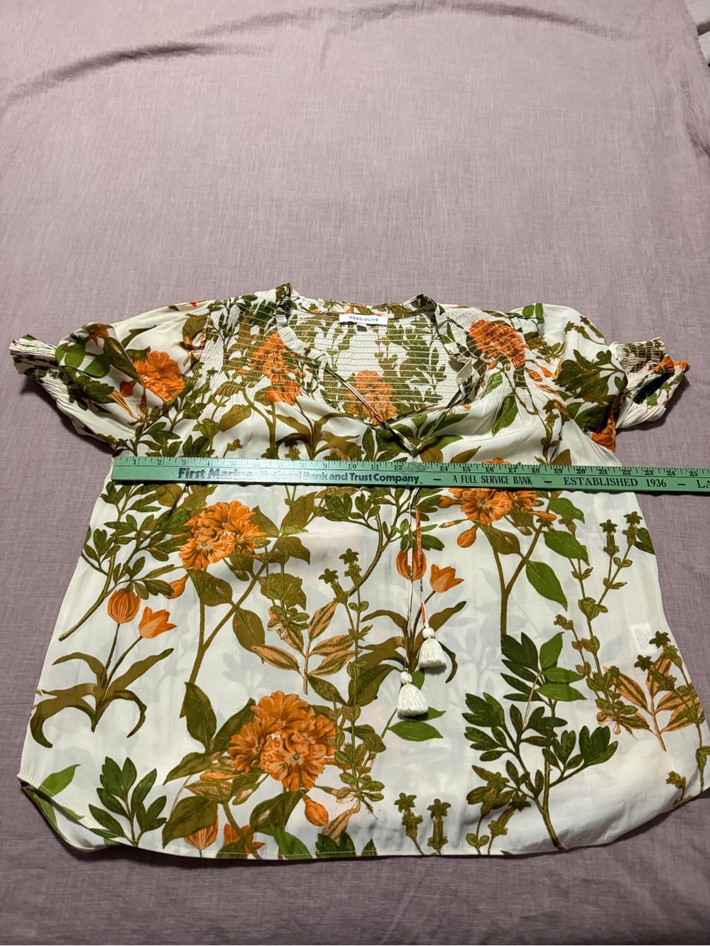 Floral Peasant Blouse Tassel Tie Cream Orange Feminine Office Wear Size Medium - Picture 9 of 9